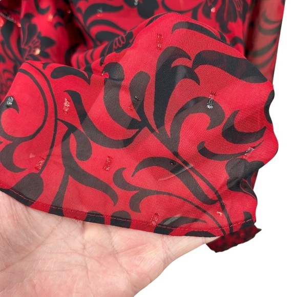 Chico's NWT Red Chiffon Ruffle Neck Shimmer V-Neck Long Sleeve Blouse Size 16 - Picture 8 of 11